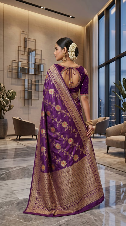 Purple Katan Banarasi Silk Saree with Sunflower and Daisy Jaal and Golden Zari Border 1