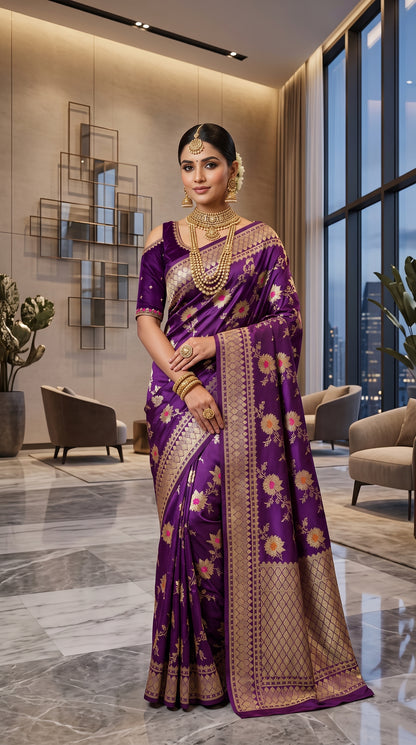 Purple Katan Banarasi Silk Saree with Sunflower and Daisy Jaal and Golden Zari Border 2