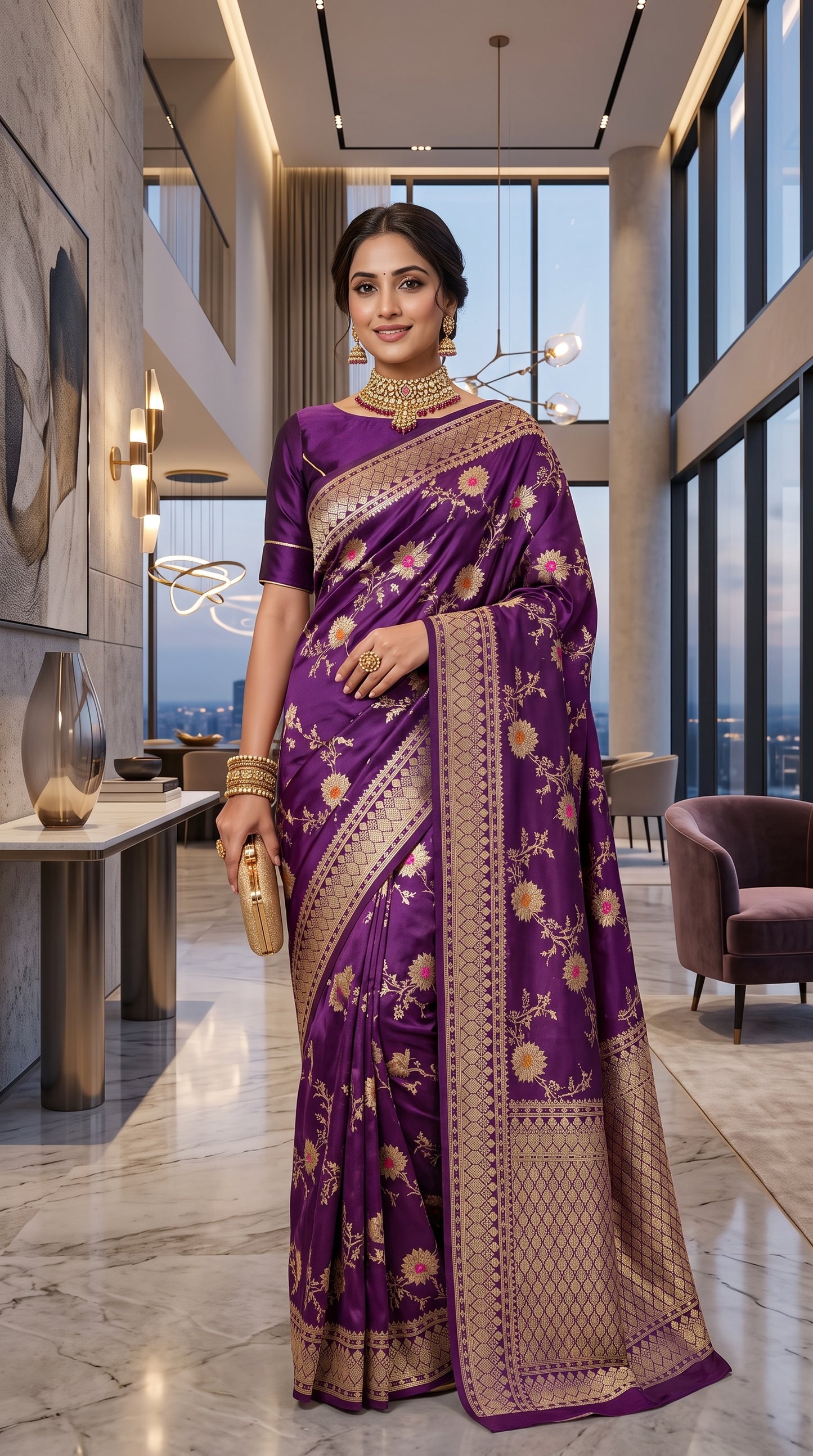 Purple Katan Banarasi Silk Saree with Sunflower and Daisy Jaal and Golden Zari Border 3