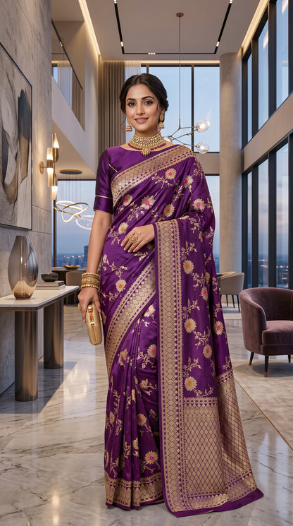 Purple Katan Banarasi Silk Saree with Sunflower and Daisy Jaal and Golden Zari Border 3