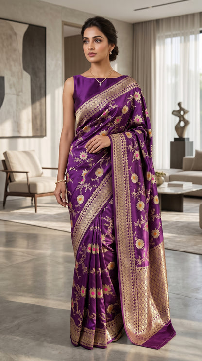 Purple Katan Banarasi Silk Saree with Sunflower and Daisy Jaal and Golden Zari Border 4
