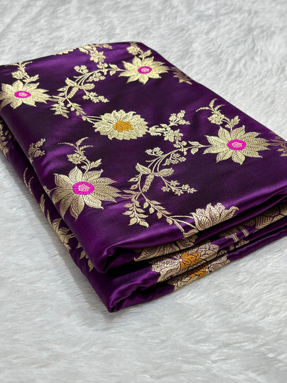 Purple Katan Banarasi Silk Saree with Sunflower and Daisy Jaal and Golden Zari Border 5