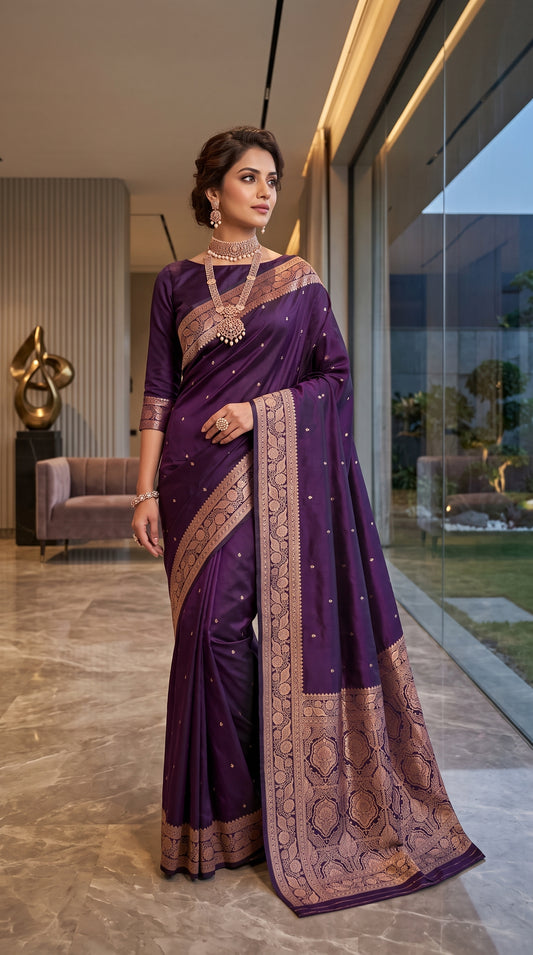 Purple Katan Silk Chhoti Buti Saree with Rich Gold Zari Weaving Border