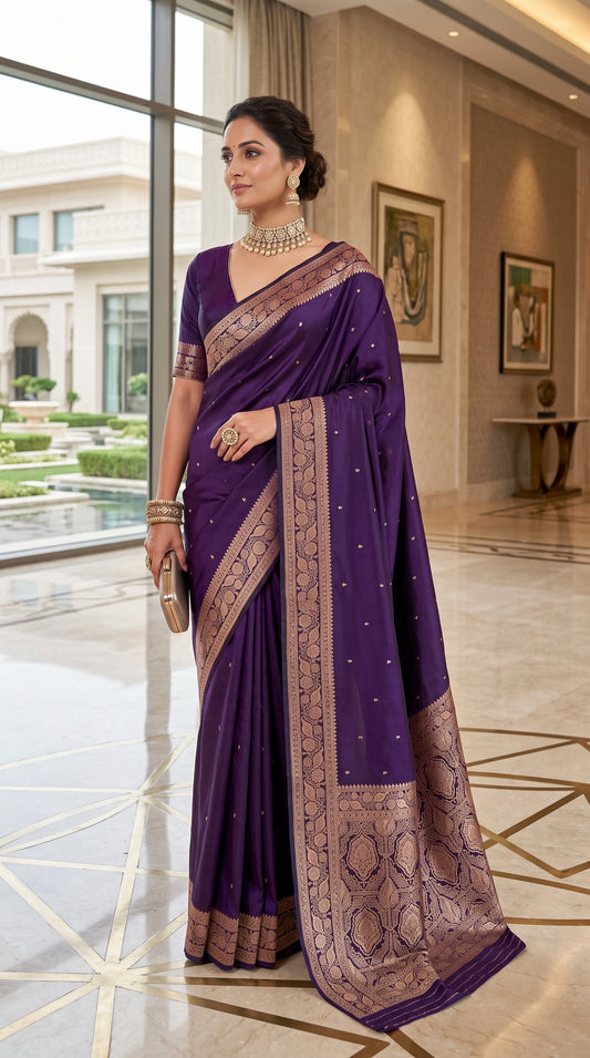 Purple Katan Silk Chhoti Buti Saree with Rich Gold Zari Weaving Border 4