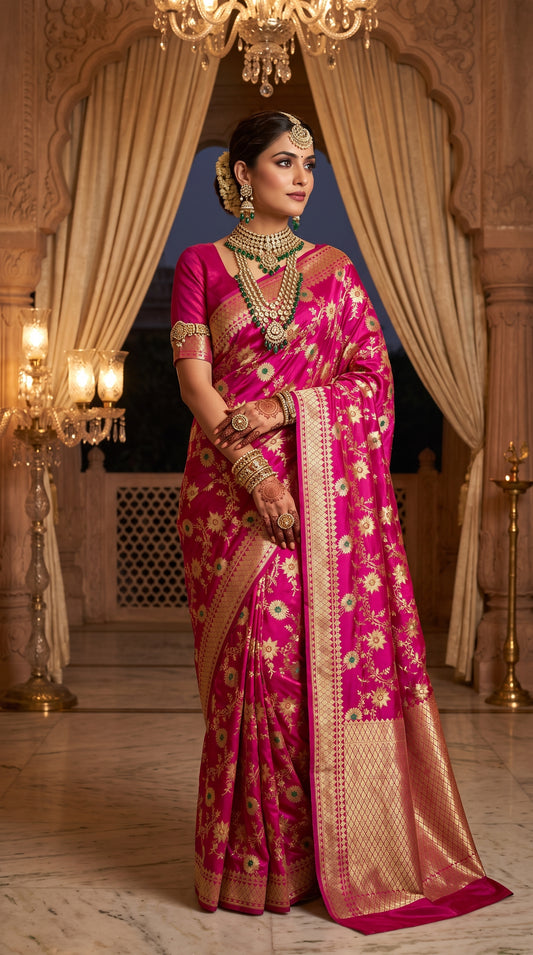 Rani Pink Katan Banarasi Silk Saree with Sunflower and Daisy Jaal and Golden Zari Border