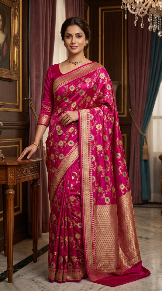 Rani Pink Katan Banarasi Silk Saree with Sunflower and Daisy Jaal and Golden Zari Border 2