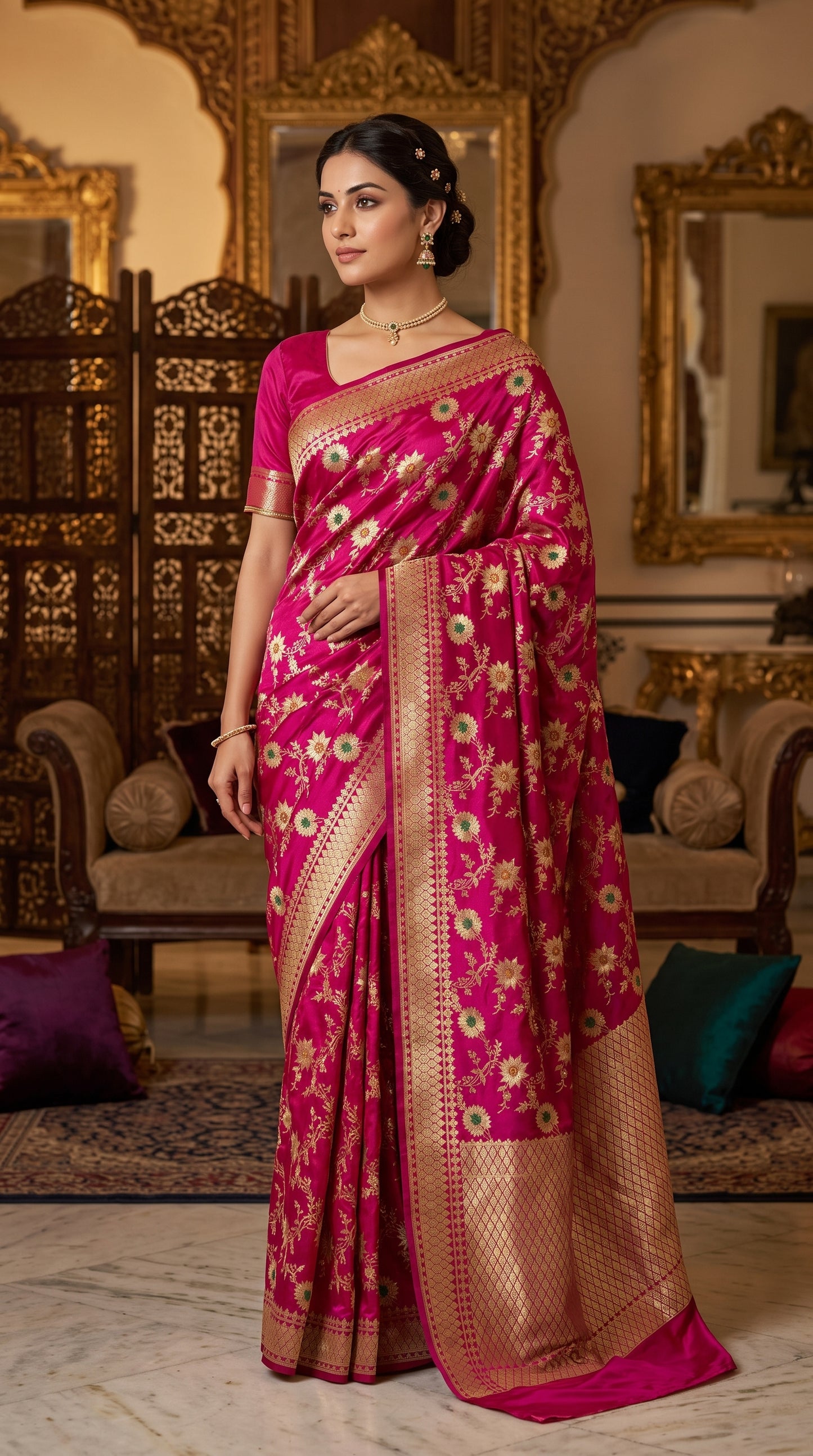 Rani Pink Katan Banarasi Silk Saree with Sunflower and Daisy Jaal and Golden Zari Border 3