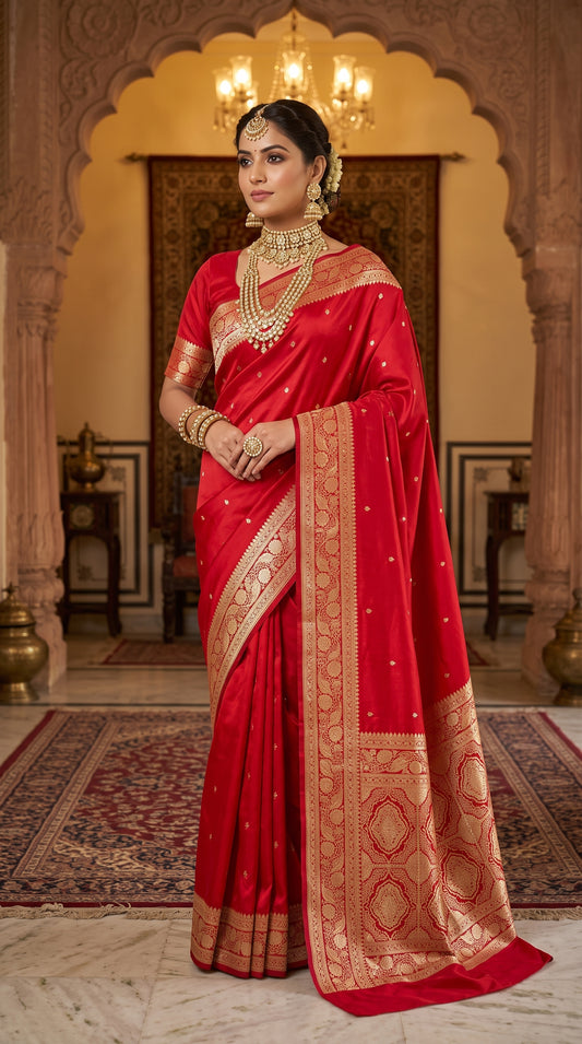 This red chhoti buti banarasi silk saree showcases dainty, all-over Chhoti Buti (small motif) weaving, finished with a rich gold zari weaving border. The rich texture of Katan silk catches the light beautifully, making it an ideal choice for weddings, festive occasions, and celebratory gatherings where a traditional, statement-making look is desired.