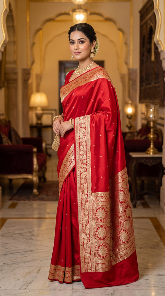 Red Katan Banarasi Silk Saree with Chhoti Buti and Rich Gold Zari Weaving Border | Aabaroo collections