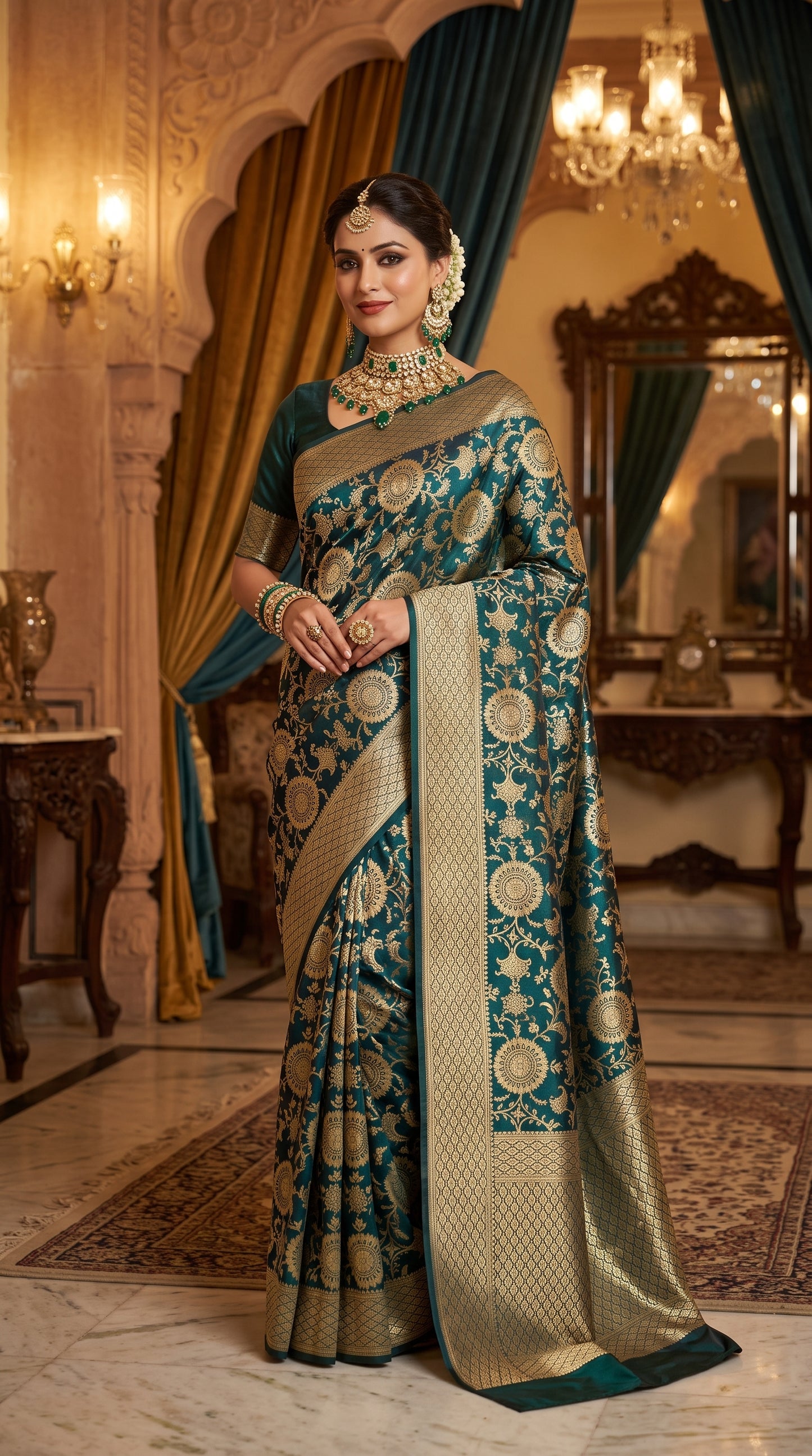 Regal Peacock Teal Green Floral Zaal katan Banarasi Silk with golden border 1