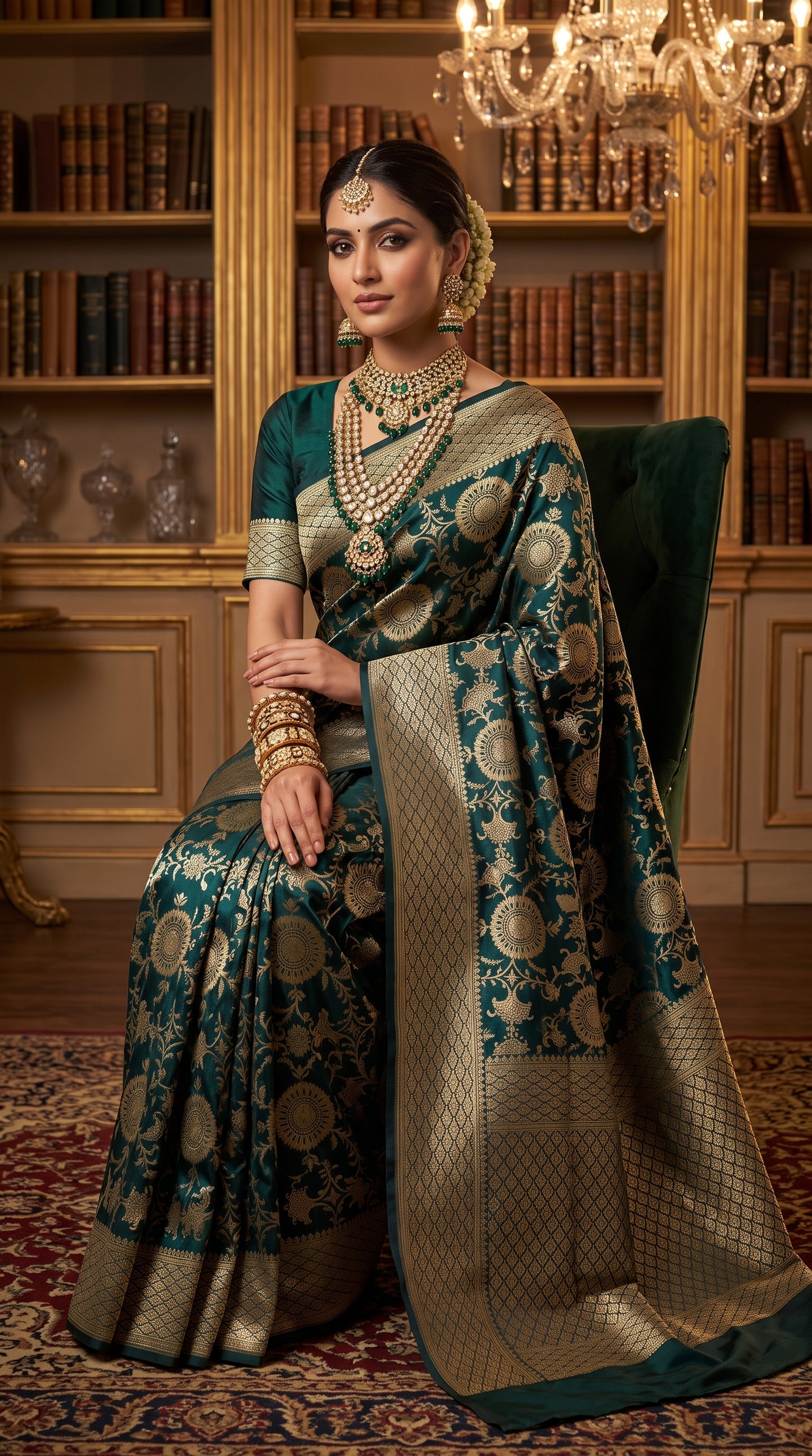 Regal Peacock Teal Green Floral Zaal katan Banarasi Silk with golden border 2