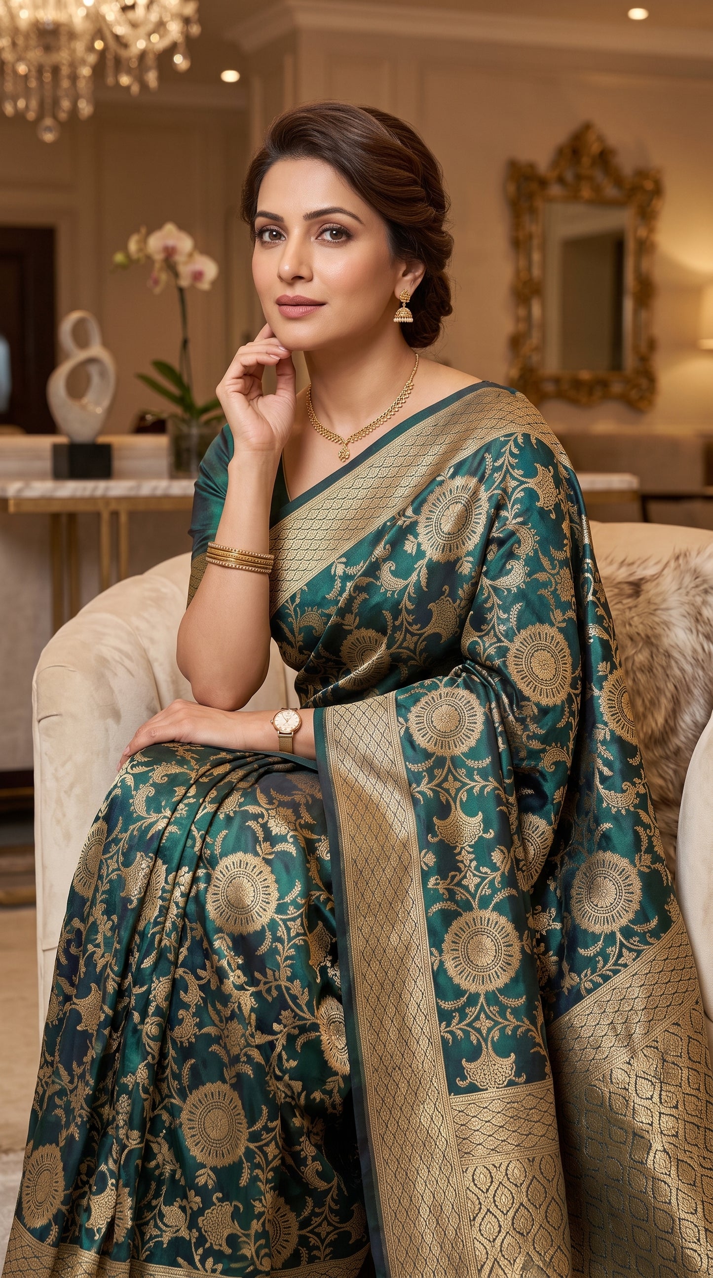 Regal Peacock Teal Green Floral Zaal katan Banarasi Silk with golden border 3