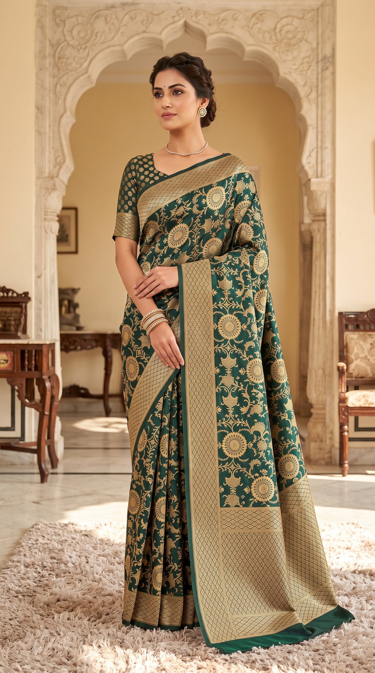 Regal Peacock Teal Green Floral Zaal katan Banarasi Silk with golden border 4