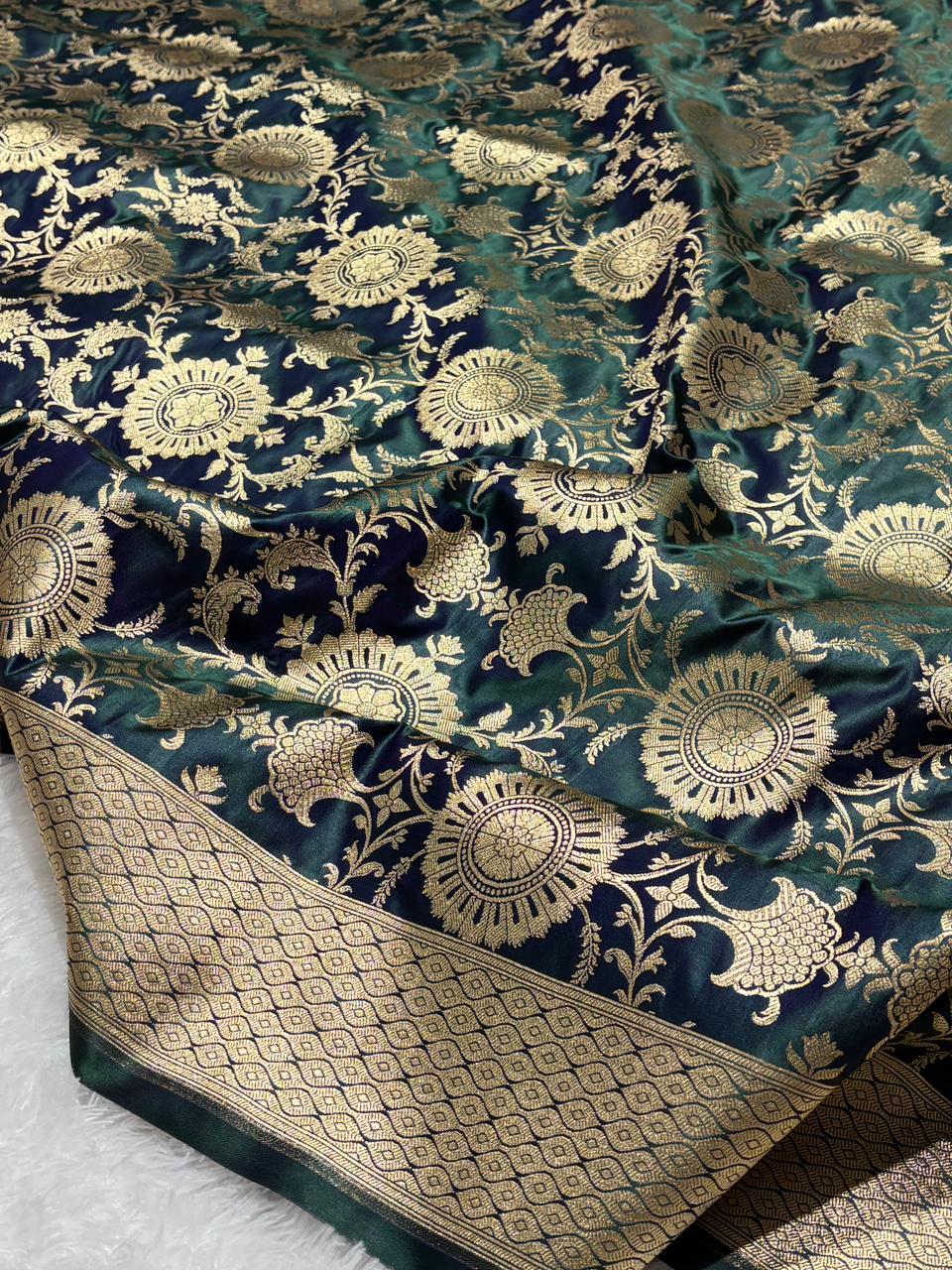 Regal Peacock Teal Green Floral Zaal katan Banarasi Silk with golden border 6