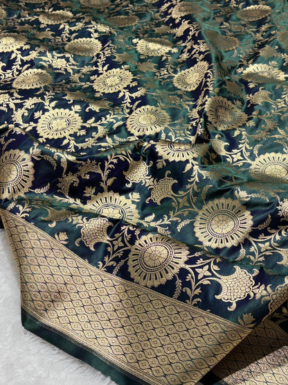 Regal Peacock Teal Green Floral Zaal katan Banarasi Silk with golden border 6