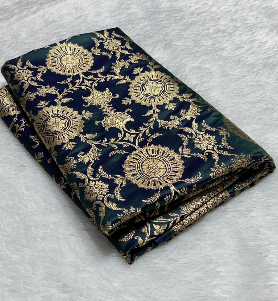 Regal Peacock Teal Green Floral Zaal katan Banarasi Silk with golden border 7