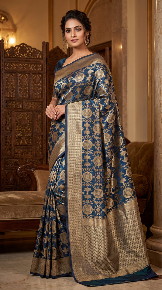 Royal Cobalt Blue Floral Jaal Katan Silk Banarasi Saree with Golden Border 1