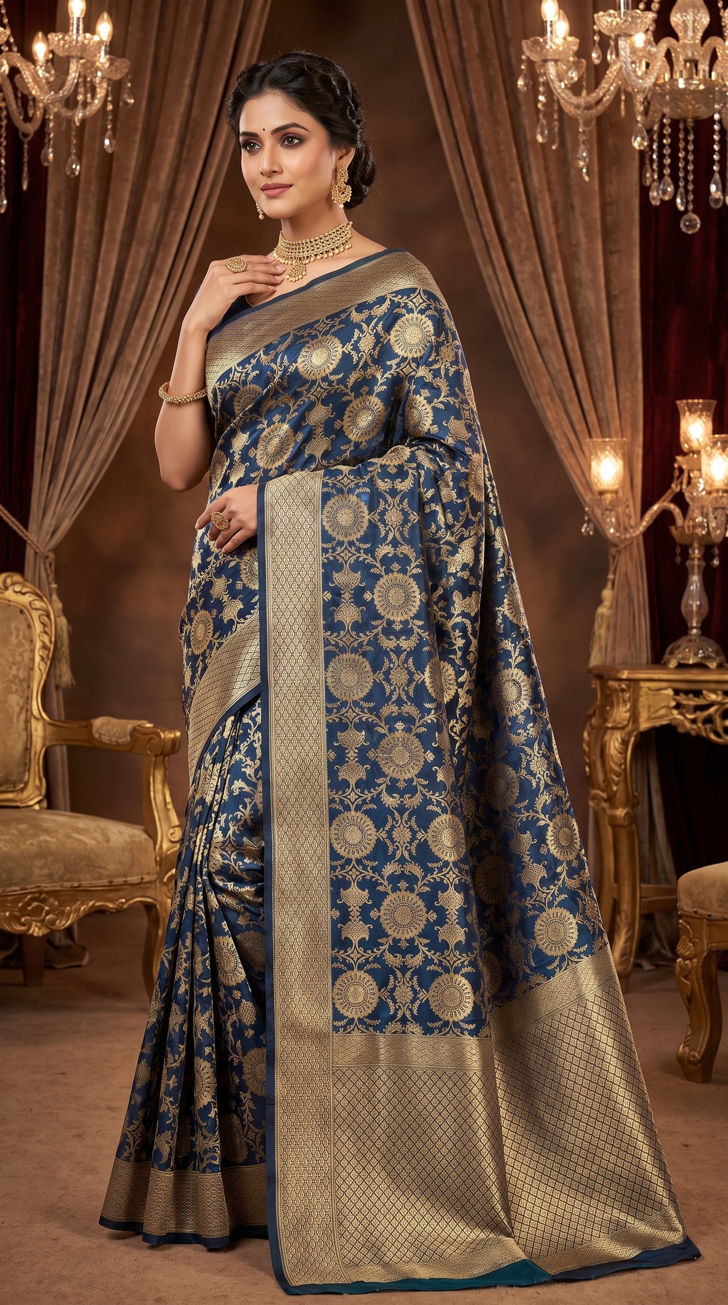 Royal Cobalt Blue Floral Jaal Katan Silk Banarasi Saree with Golden Border 2