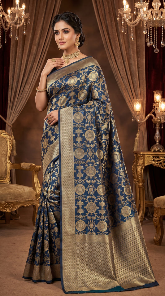 Royal Cobalt Blue Floral Jaal Katan Silk Banarasi Saree with Golden Border 2