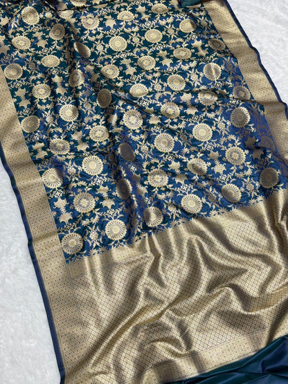 Royal Cobalt Blue Floral Jaal Katan Silk Banarasi Saree with Golden Border 3