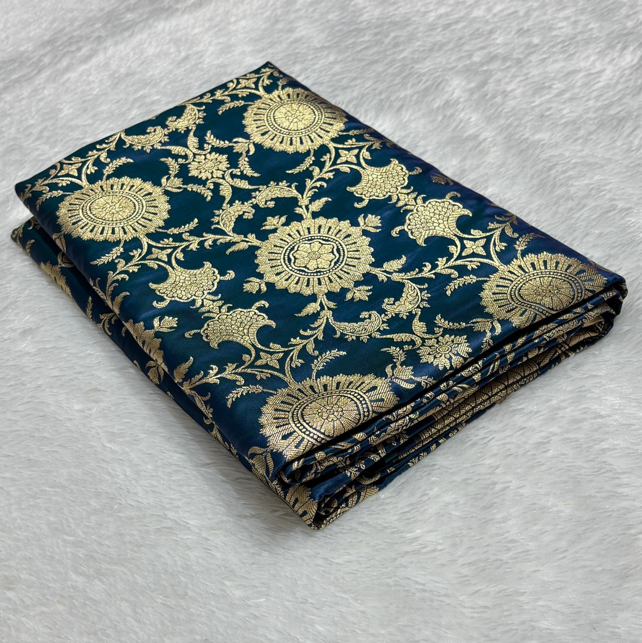 Royal Cobalt Blue Floral Jaal Katan Silk Banarasi Saree with Golden Border 4