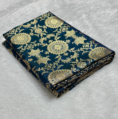 Royal Cobalt Blue Floral Jaal Katan Silk Banarasi Saree with Golden Border 4