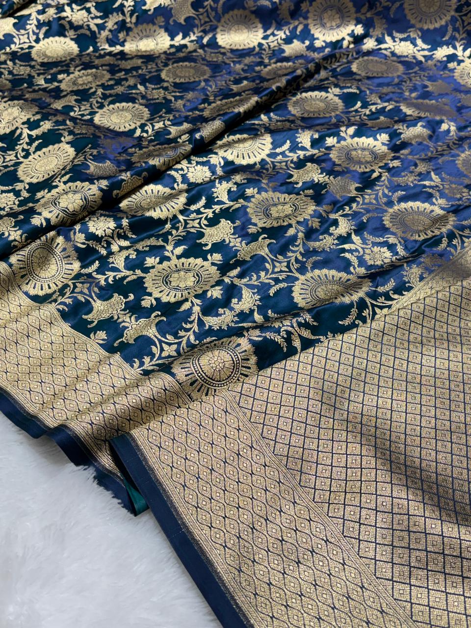 Royal Cobalt Blue Floral Jaal Katan Silk Banarasi Saree with Golden Border 5