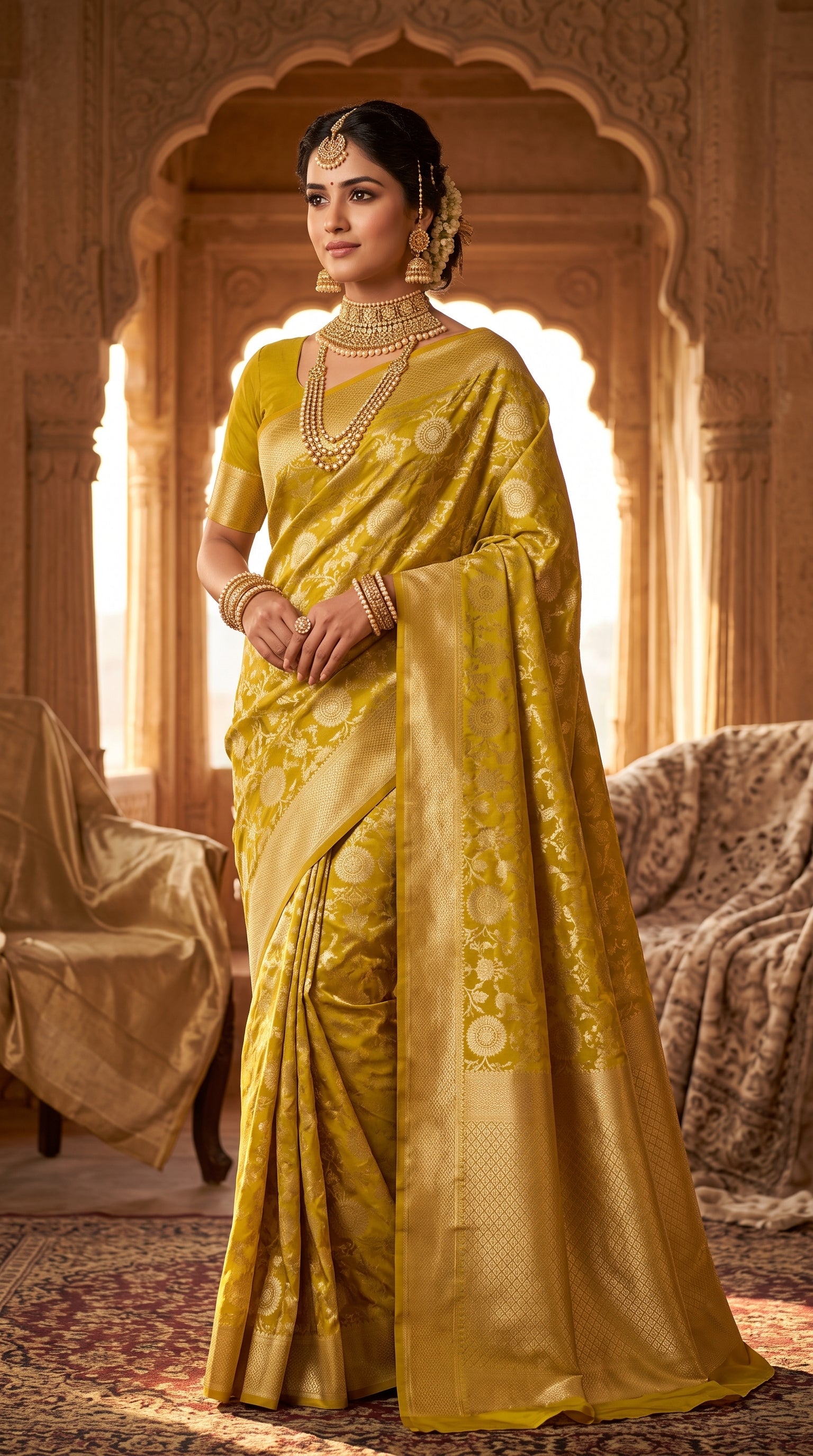 Royal Olive Gold Floral Zaal katan Banarasi Silk with golden border