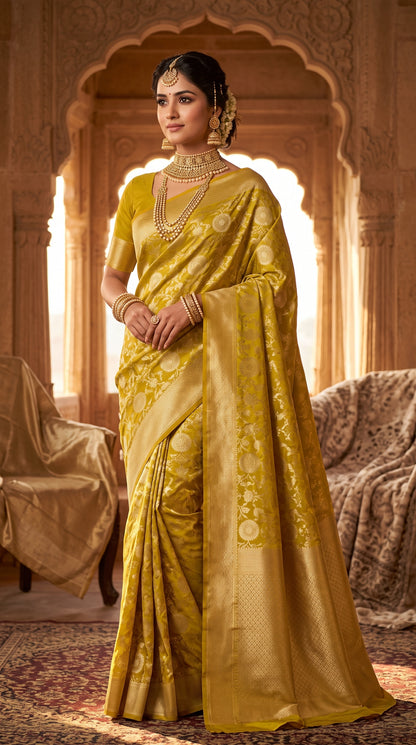 Royal Olive Gold Floral Zaal katan Banarasi Silk with golden border