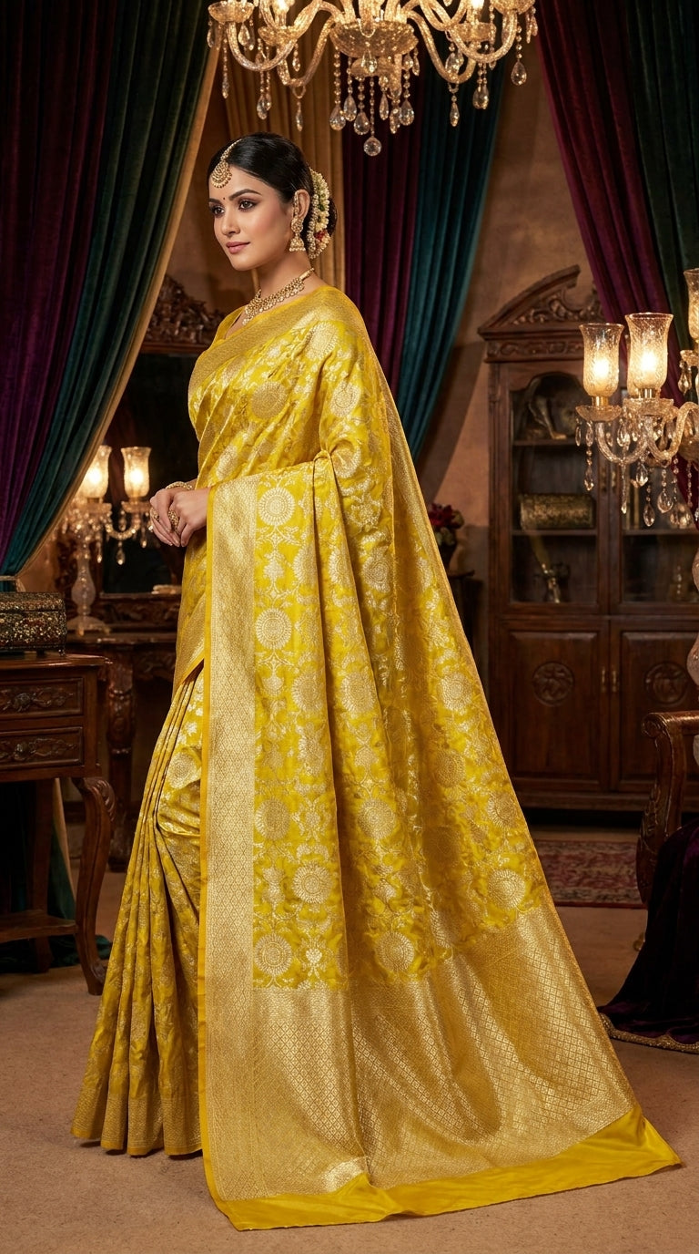 Royal Olive Gold Floral Zaal katan Banarasi Silk with golden border