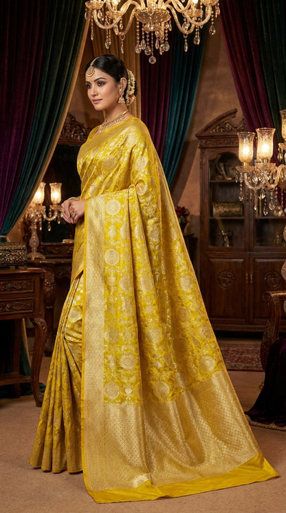 Royal Olive Gold Floral Zaal katan Banarasi Silk with golden border