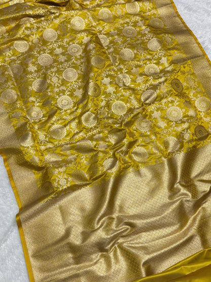 Royal Olive Gold Floral Zaal katan Banarasi Silk with golden border 3