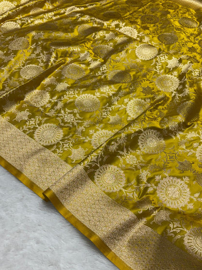 Royal Olive Gold Floral Zaal katan Banarasi Silk with golden border 5