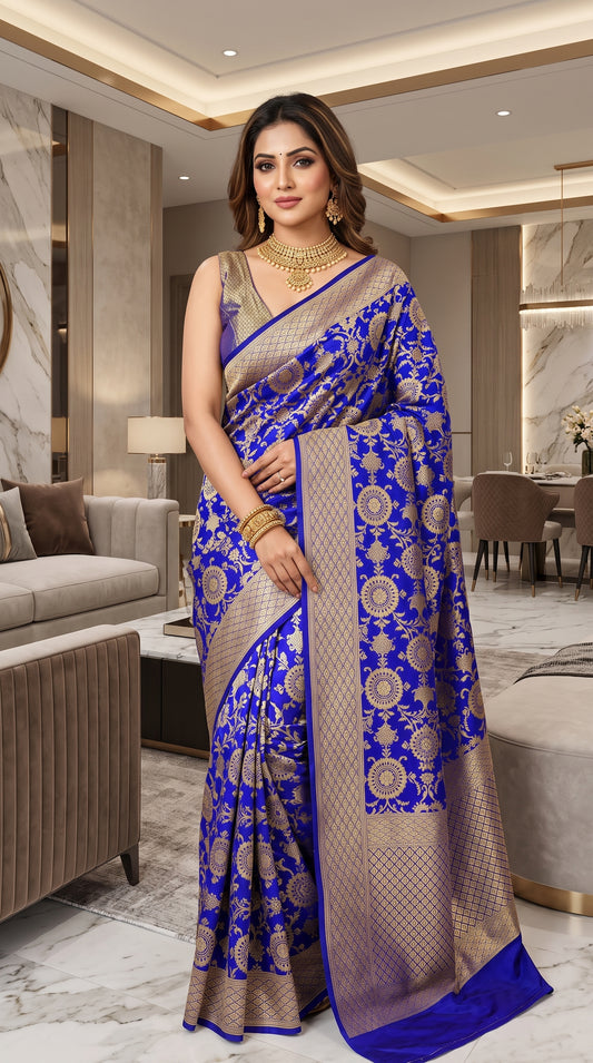 Royal Peacock Blue Floral Jaal Katan Banarasi Silk Saree with Golden Border 1
