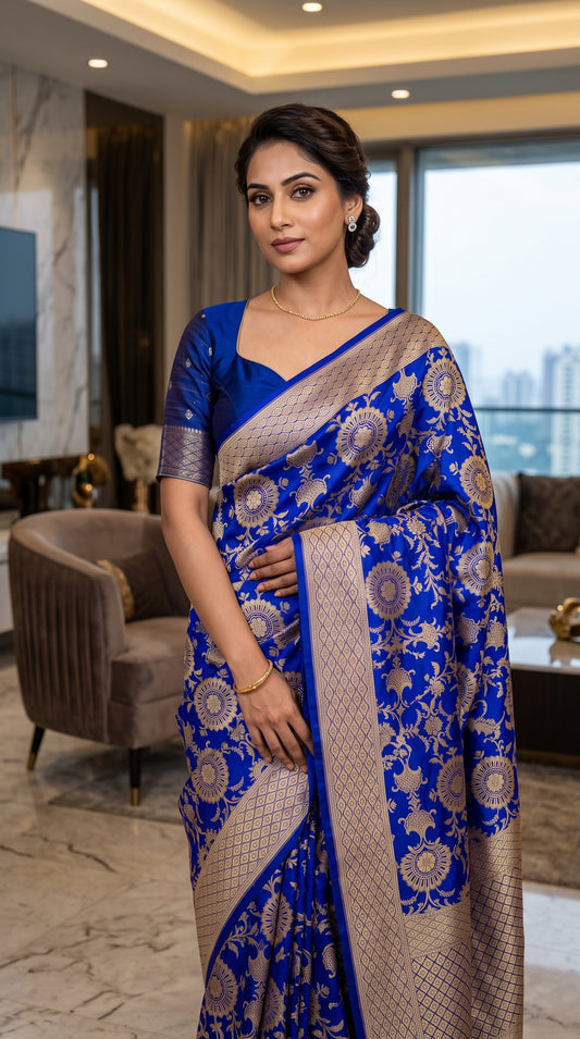 Royal Peacock Blue Floral Jaal Katan Banarasi Silk Saree with Golden Border 2