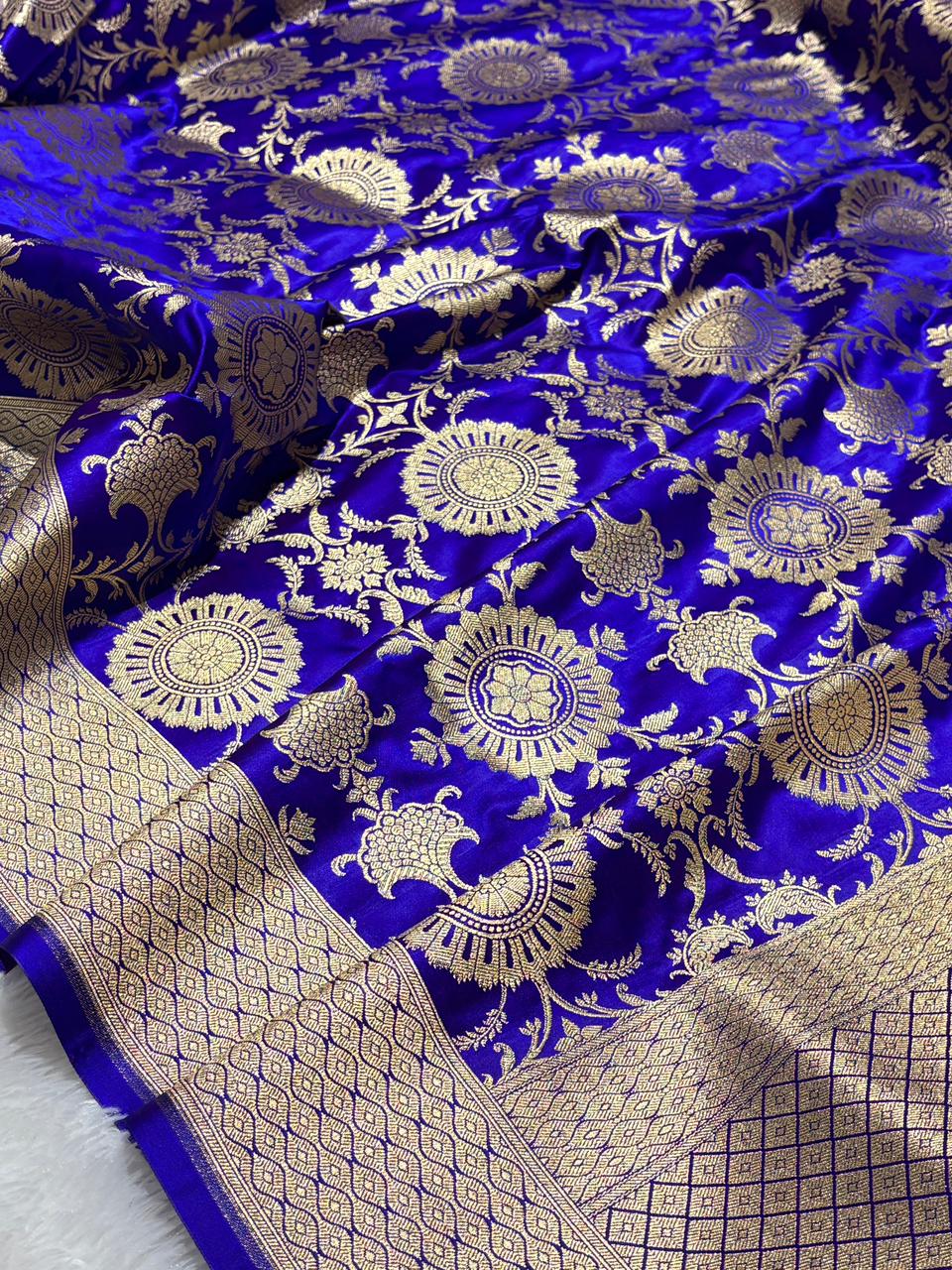 Royal Peacock Blue Floral Jaal Katan Banarasi Silk Saree with Golden Border 3