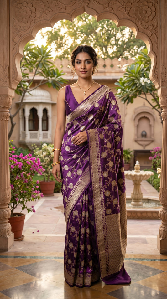 Royal Purple Floral Jaal Katan Silk Banarasi Saree with Golden Border 1