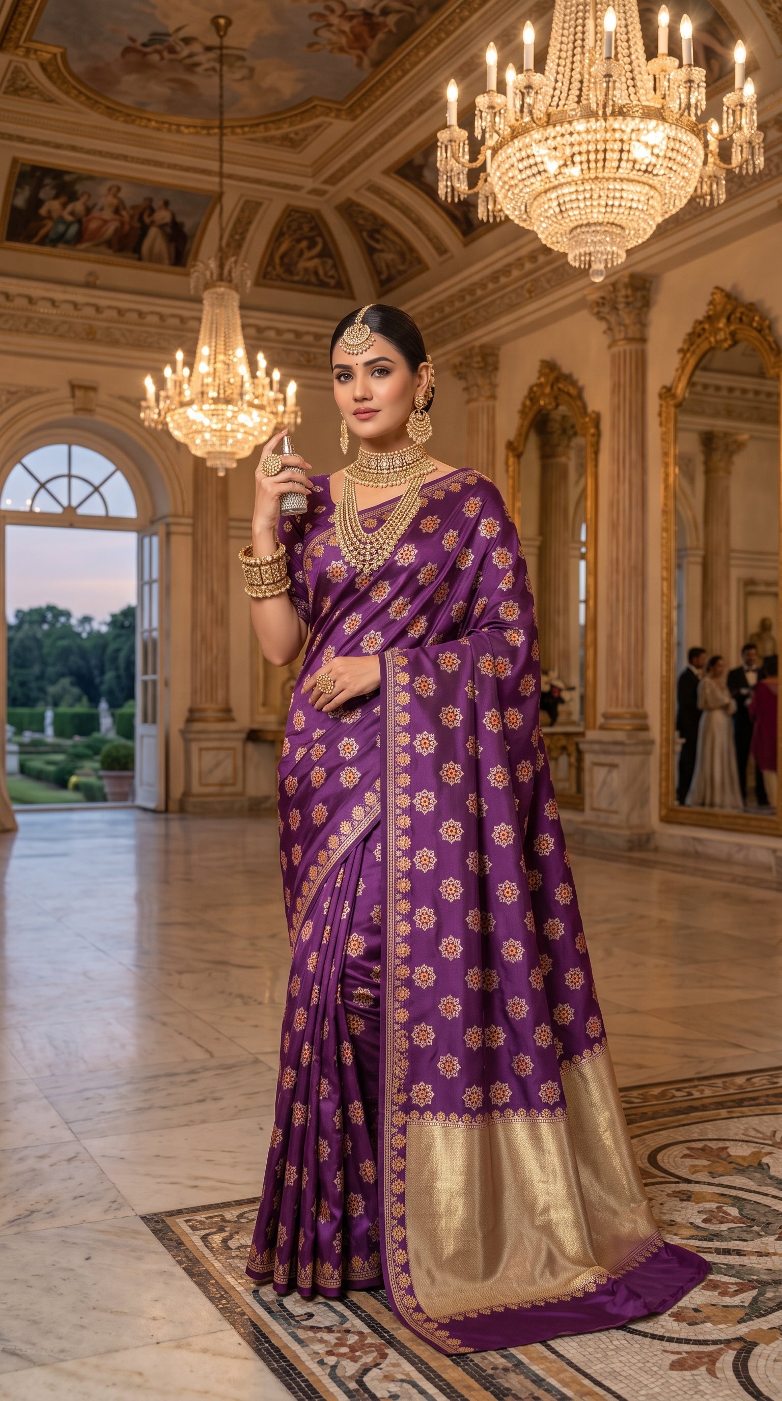 Royal Purple Katan Banarasi Silk Saree with Floral Lotus Butti and Zari Border 1