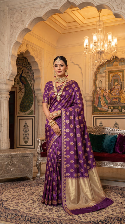 Royal Purple Katan Banarasi Silk Saree with Floral Lotus Butti and Zari Border 2
