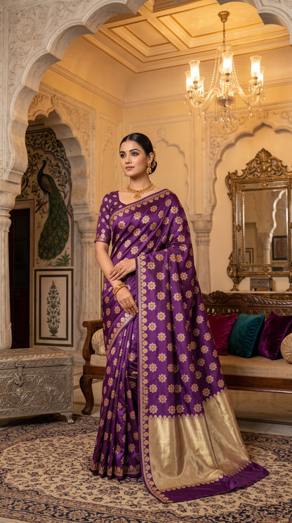 Royal Purple Katan Banarasi Silk Saree with Floral Lotus Butti and Zari Border 3