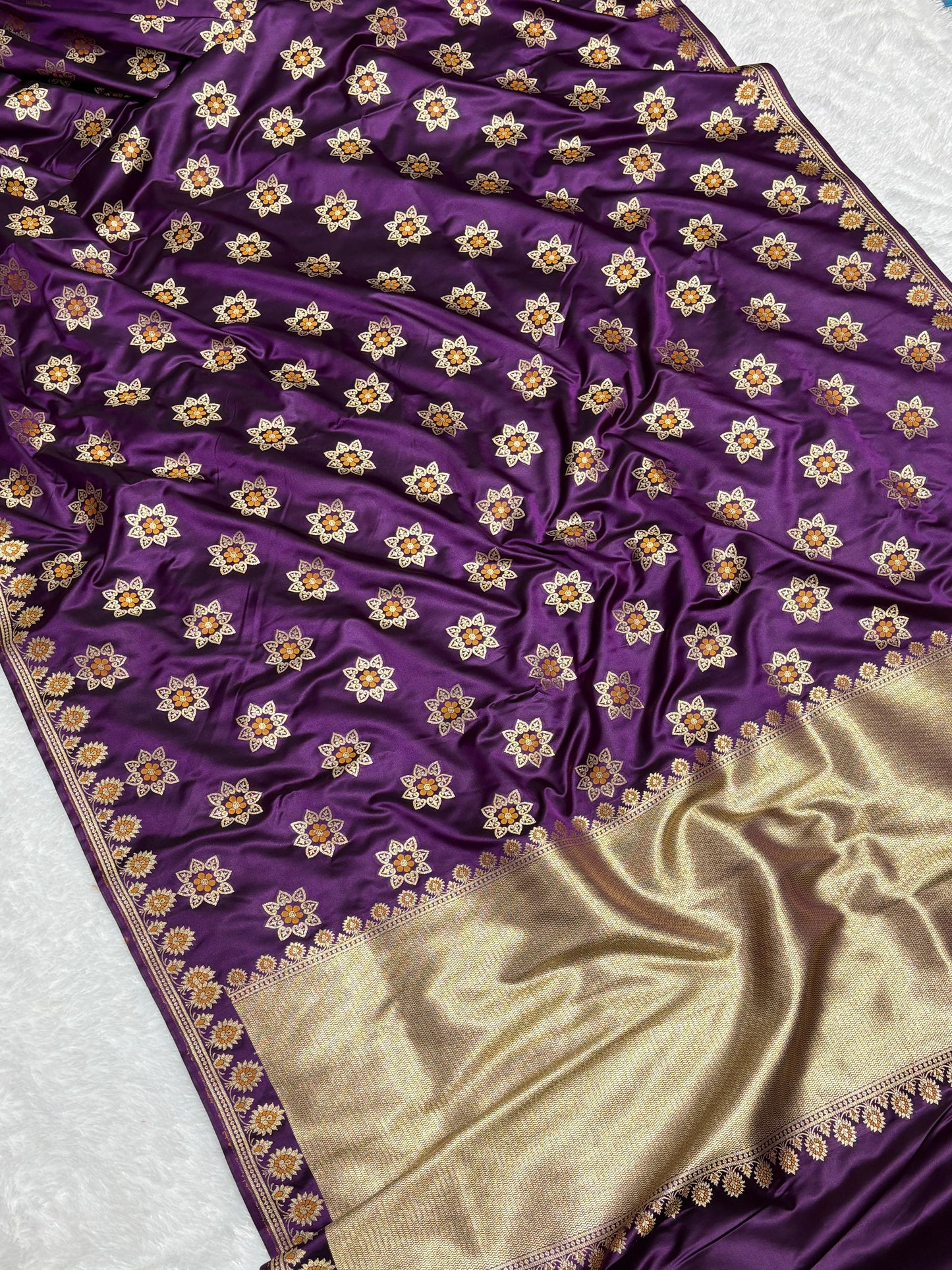 Royal Purple Katan Banarasi Silk Saree with Floral Lotus Butti and Zari Border 4