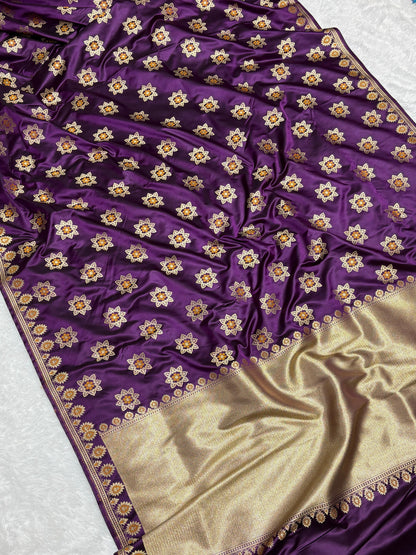 Royal Purple Katan Banarasi Silk Saree with Floral Lotus Butti and Zari Border 4