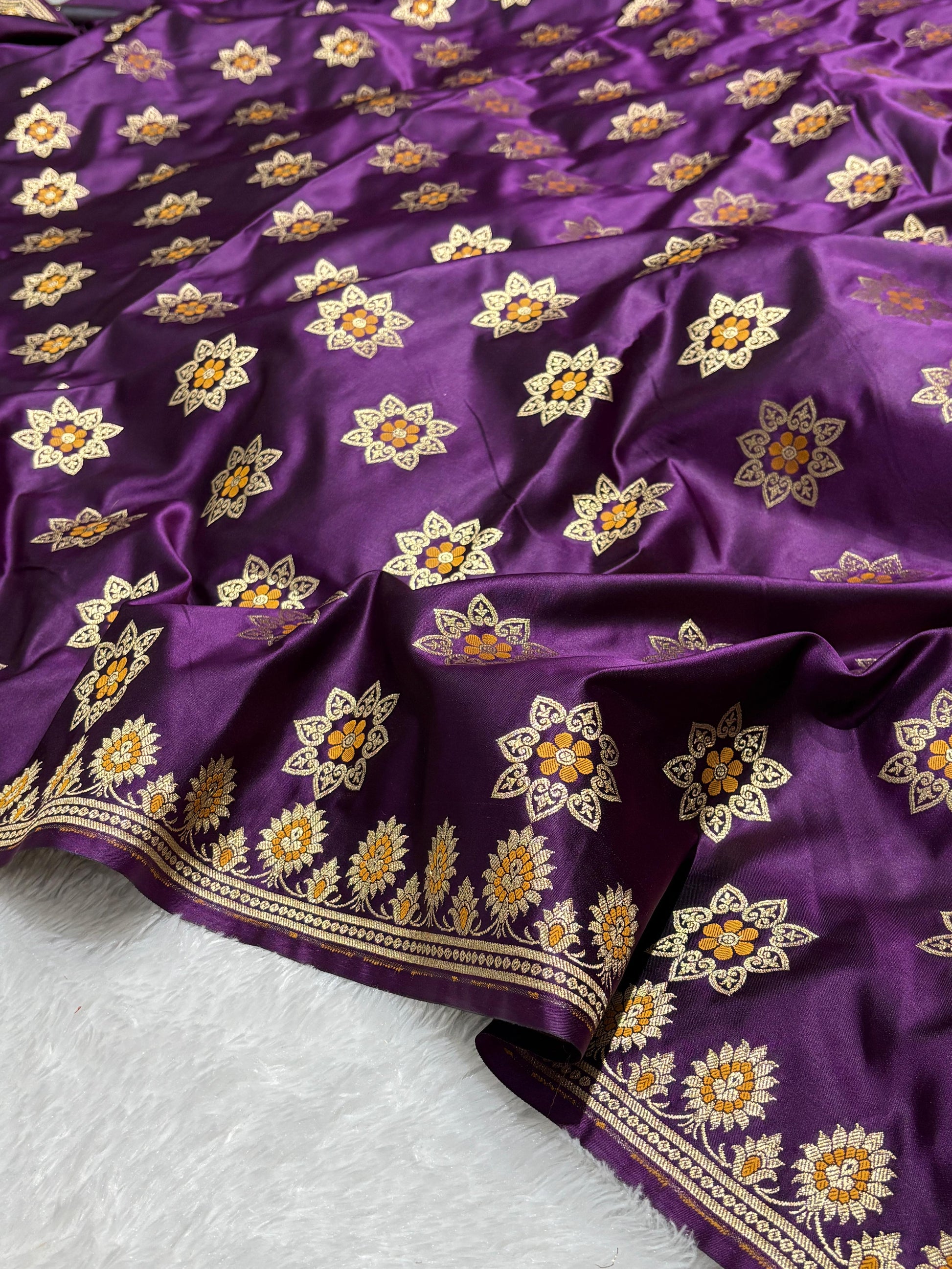 Royal Purple Katan Banarasi Silk Saree with Floral Lotus Butti and Zari Border 5
