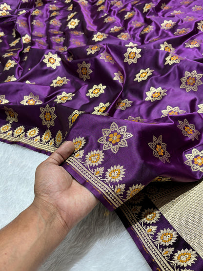 Royal Purple Katan Banarasi Silk Saree with Floral Lotus Butti and Zari Border 6