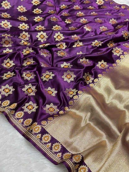 Royal Purple Katan Banarasi Silk Saree with Floral Lotus Butti and Zari Border 7