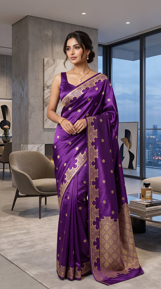 Royal Purple Katan Silk Banarasi Saree with Floral Kangoora Zari Border 1
