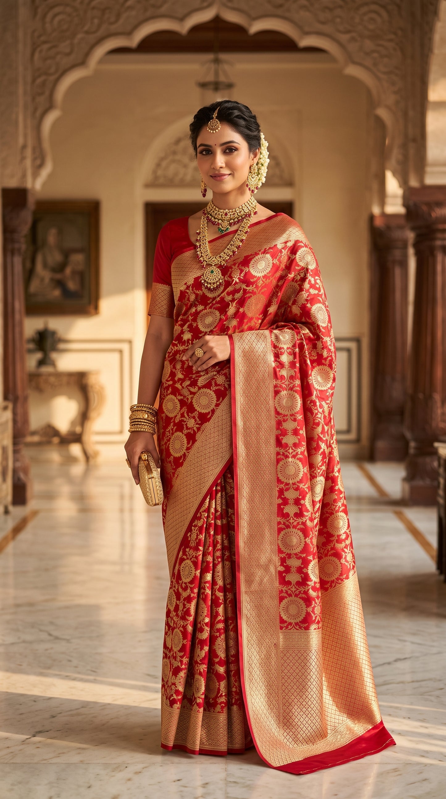 Royal Red Floral Jaal Katan Silk Banarasi Saree with Golden border