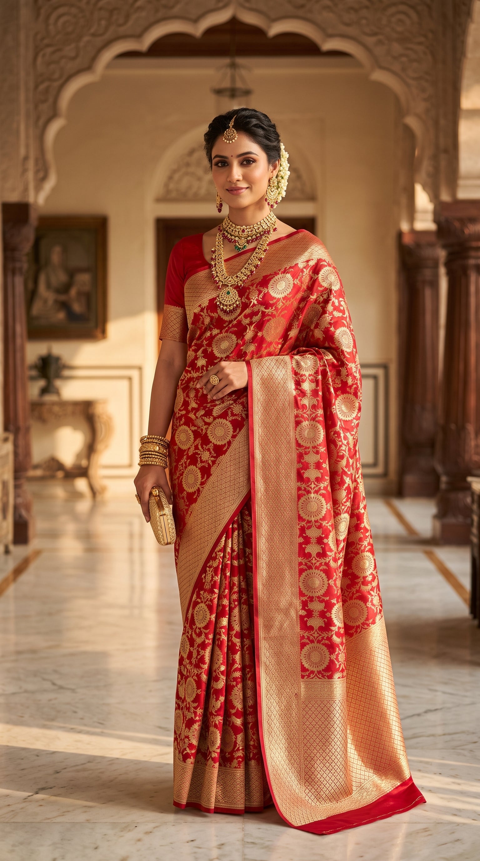 Royal Red Floral Jaal Katan Silk Banarasi Saree with Golden border