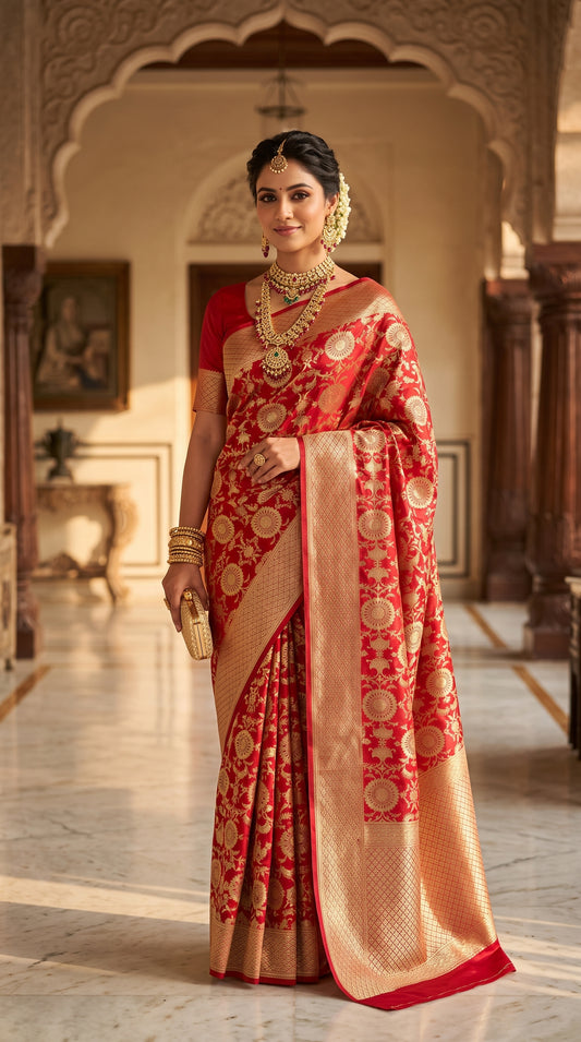 Royal Red Floral Jaal Katan Silk Banarasi Saree with Golden border