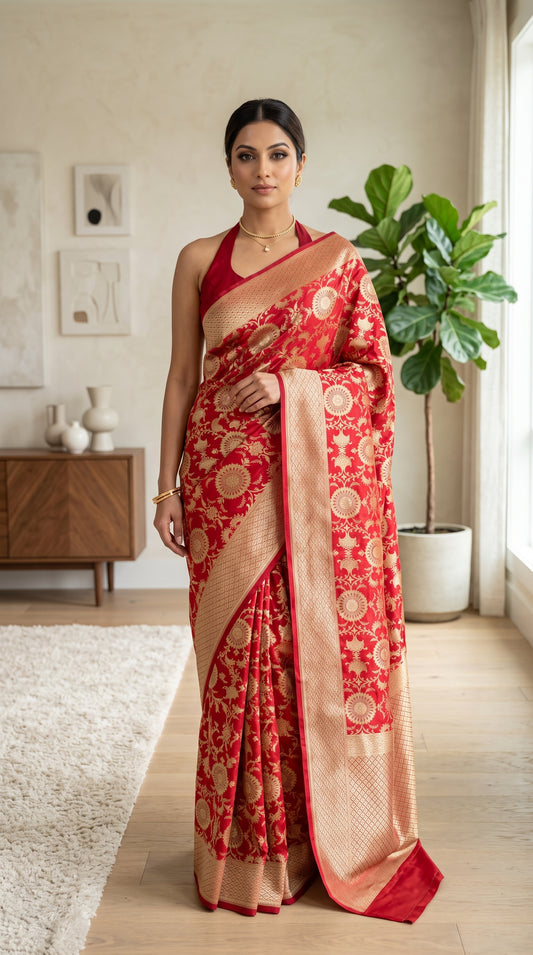 Royal Red Floral Jaal Katan Silk Banarasi Saree with Golden border 2